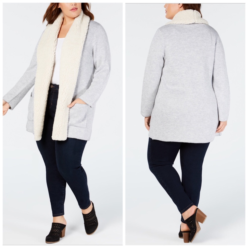 Only Size 1X Left! Style & Co Gray Heather Sherpa Cardigan Plus Size - Picture 1 of 6